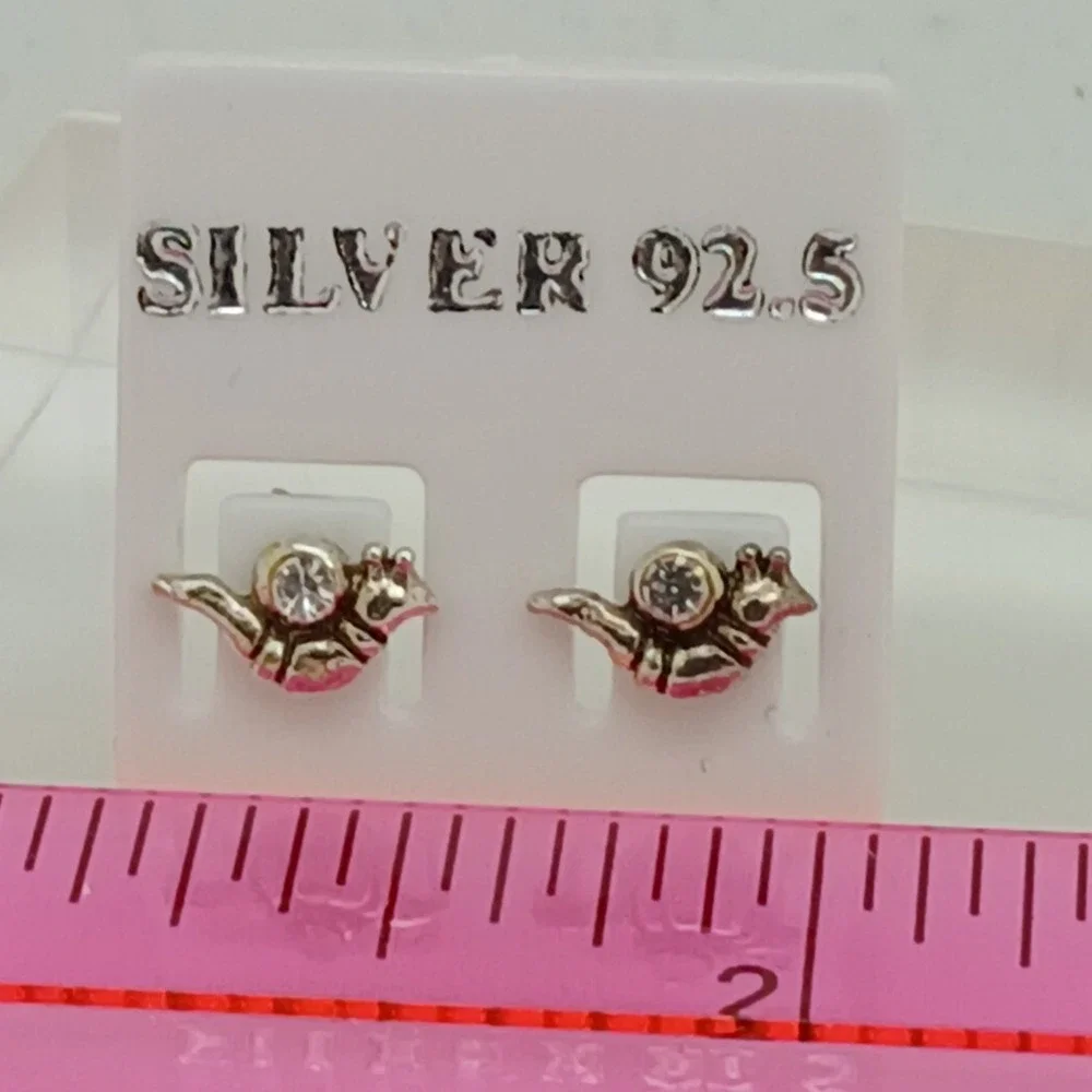 Vintage 1990s Thai Sterling Silver 925 Snail Stud Earrings Crystal Tiny Nature